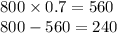 800 \times 0.7 = 560 \\ 800 - 560 = 240