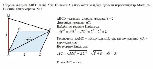 Сторона квадрата abcd дорівнює 2 см .з точки а до площини квадрата проведено перпендикуляр ма=1 см.