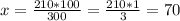 x = \frac{210*100}{300} = \frac{210*1}{3} = 70