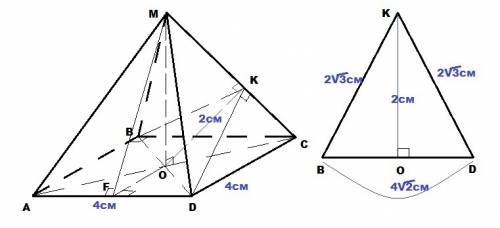 Дана правильная 4-угольная пирамида, сторона основания у которой равна 4см, расстояние от центра осн