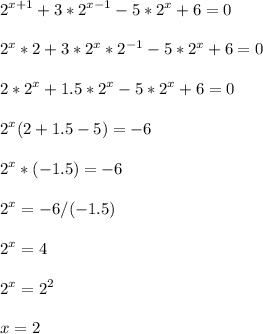 \displaystyle 2^{x+1}+3*2^{x-1}-5*2^x+6=0\\\\2^x*2+3*2^x*2^{-1}-5*2^x+6=0\\\\2*2^x+1.5*2^x-5*2^x+6=0\\\\2^x(2+1.5-5)=-6\\\\2^x*(-1.5)=-6\\\\2^x=-6/(-1.5)\\\\2^x=4\\\\2^x=2^2\\\\x=2