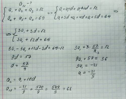 Найдите 11 член арифметической прогрессии зная что сумма первых трех членов равна 12,сумма четвертог