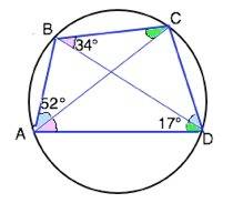 Четырехугольник abcd вписан в окружность, ∠bac = 52 градуса, ∠dbc = 34 градуса, ∠adb = 17 градусов.