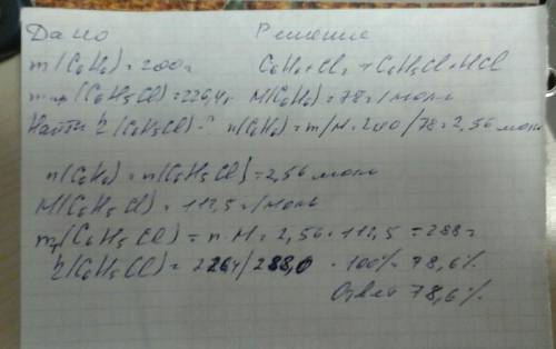 Из 200г. бензола было ролучено 226.4г. хлорбензола. найдите выход продукта реакции (в%) от теоретиче