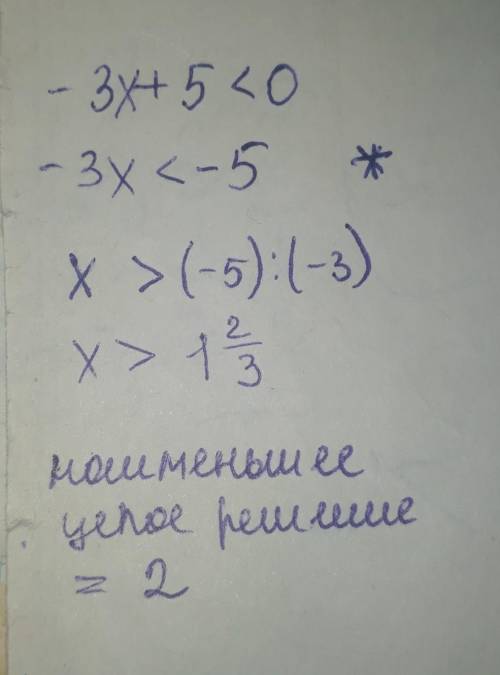 Наименьшим целым решением неравенства -3х+5< 0 является число: 1)1 2)2 3)-1 4)-2 объясните как э