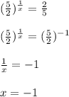 ( \frac{5}{2}) ^{ \frac{1}{x} } = \frac{2}{5} \\\\( \frac{5}{2}) ^{ \frac{1}{x} }=( \frac{5}{2}) ^{-1}\\\\ \frac{1}{x}=-1\\\\x=-1