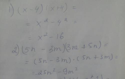 (x-4)(x+4) (5n-3m)(3m+5n) (a^2+4b)(4b-a^2) -0,36a^2+b^2= (c-1)^2-9=