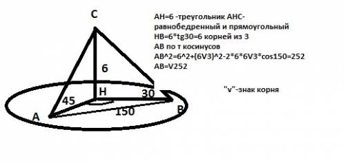Из точки отстоящей от плоскости на 6 см проведены две наклонные с плоскостью углы 45 и 30 градусов.у