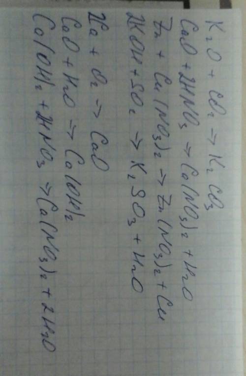 С,! допишите уравнения реакций и схему. k2o+co2= cao+hno3= zn+cu(no3)2= koh+so2= осуществить схему п