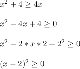 x^2+4 \geq 4x\\\\&#10;x^2-4x+4 \geq 0\\\\&#10;x^2-2*x*2+2^2 \geq 0\\\\&#10;(x-2)^2 \geq 0