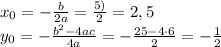 x_0 = -\frac{b}{2a} = \frac{5)}{2} = 2,5 \\ y_0 = -\frac{b^2-4ac}{4a} = -\frac{25-4 \cdot 6}{2} = -\frac{1}{2}