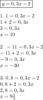 \boxed{y=0,3x-2} \\ \\ 1. \ 1=0,3x-2 \\ 1+2=0,3x \\ 3 = 0,3x \\ x = 10 \\ \\ 2. \ -11 =0,3x-2 \\ -11+2=0,3x \\ -9 = 0,3x \\ x = -30 \\ \\ 3. \ 0,8 = 0,3x-2 \\ 0,8+2=0,3x \\ 2,8 = 0,3x \\ x = 9\frac{1}{3}