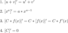 1.\ [u+v]'=u'+v'\\\\&#10;2.\ [x^a]'=a*x^{a-1}\\\\&#10;3.\ [C*f(x)]'=C*[f(x)]'=C*f'(x)\\\\4.\ [C]'=0