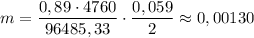 m=\dfrac{0,89 \cdot 4760}{96485,33} \cdot \dfrac{0,059}{2} \approx 0,00130