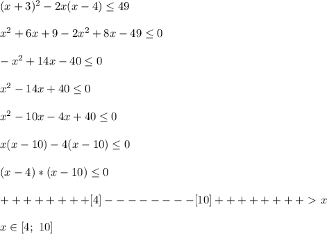 (x+3)^2-2x(x-4) \leq 49\\\\&#10;x^2+6x+9-2x^2+8x-49 \leq 0\\\\&#10;-x^2+14x-40 \leq 0\\\\&#10;x^2-14x+40 \leq 0\\\\&#10;x^2-10x-4x+40 \leq 0\\\\&#10;x(x-10)-4(x-10) \leq 0\\\\&#10;(x-4)*(x-10) \leq 0\\\\&#10;++++++++[4]--------[10]++++++++\ \textgreater \ x\\\\&#10;x\in[4;\ 10]