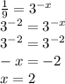 \frac{1}{9} = {3}^{ - x} \\ {3}^{ - 2} = {3}^{ - x} \\ {3}^{ - 2} = {3}^{ - 2} \\ - x = - 2 \\ x = 2