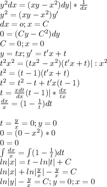 y^2dx=(xy-x^2)dy|*\frac{1}{dx}\\y^2=(xy-x^2)y'\\dx=o;x=C\\0=(Cy-C^2)dy\\C=0;x=0\\y=tx;y'=t'x+t\\t^2x^2=(tx^2-x^2)(t'x+t)|:x^2\\t^2=(t-1)(t'x+t)\\t^2=t^2-t+t'x(t-1)\\t=\frac{xdt}{dx}(t-1)|*\frac{dx}{tx}\\\frac{dx}{x}=(1-\frac{1}{t})dt\\\\t=\frac{y}{x}=0;y=0\\0=(0-x^2)*0\\0=0\\\int\frac{dx}{x}=\int(1-\frac{1}{t})dt\\ln|x|=t-ln|t|+C\\ln|x|+ln|\frac{y}{x}|-\frac{y}{x}=C\\ln|y|-\frac{y}{x}=C;y=0;x=0