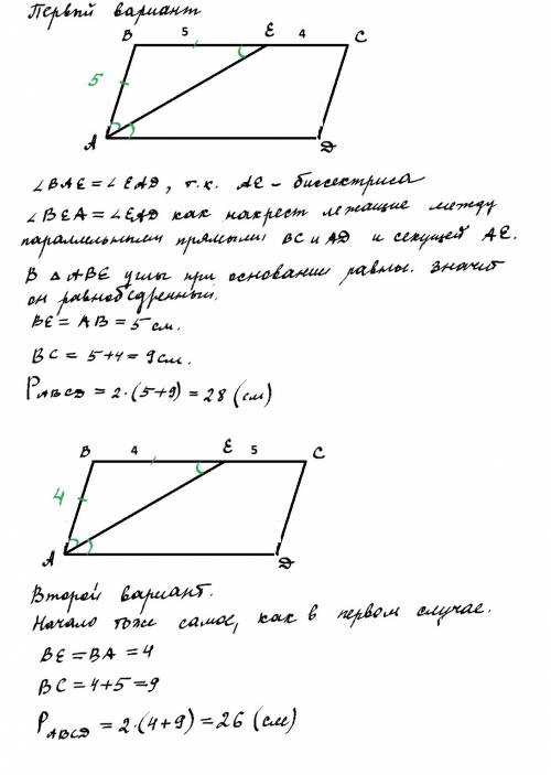 Биссектрисса параллелограмма делит противоположную сторону на 4 см и 5 см. найти периметр параллелог