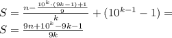 S=\frac{n-\frac{10^k \cdot (9k-1)+1}{9}}{k}+(10^{k-1}-1) = \\&#10; S = \frac{9n+10^k-9k-1}{9k}\\&#10;