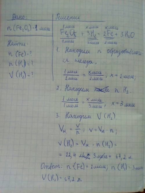 Fe(2)o(3) + 3h(2) = 2fe + 3h(2)oвычислите количество вещества водорода, которое взаимодействует с 1