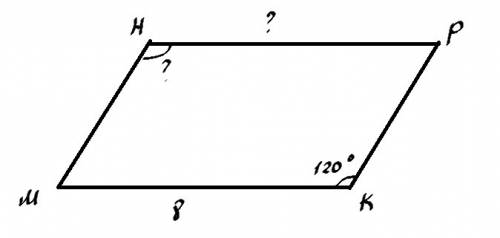 Впараллелограмме мнрк сторона мк=8 см, угол к=120 градусов. чему равны сторона нр и угол н