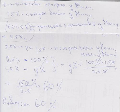 Решите ! у маши ''5'' на 150% больше ,у вали.на ско-ко % у вали ''5'' меньше,чем у маши?