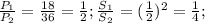 \frac{ P_{1}}{P_{2}} = \frac{18}{36} = \frac{1}{2};&#10;\frac{ S_{1}}{S_{2}} = ( \frac{1}{2} )^{2} = \frac{1}{4} ;