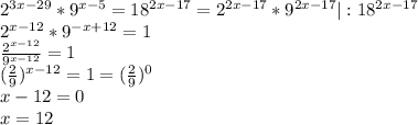 2^{3x-29} * 9^{x-5}= 18^{2x-17}=2^{2x-17}*9^{2x-17} | : 18^{2x-17} \\ &#10;2^{x-12}* 9^{-x+12}=1 \\ \frac{2^{x-12}}{9^{x-12}}=1 \\ &#10; (\frac{2}{9})^{x-12}=1= (\frac{2}{9})^{0} \\ x-12=0 \\ x=12&#10;