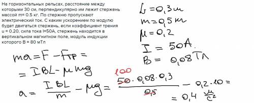 На горизонтальных рельсах, расстояние между которыми 30 см, перпендикулярно им лежит стержень массой