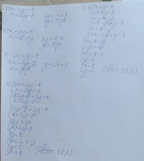 1.выразите в следующих уравнениях x через y и y через x: 1)x-2y=-8 2)x+3y=5 3)-2x+y=5 2. решите сист