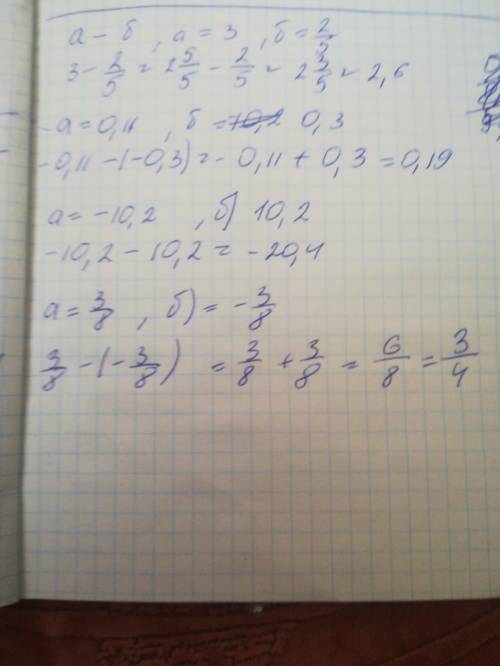 Найдите значение выражения а-б при: а=3, б=2\5; а=0,11 , б=-0,3; а=-10,2, б=10,2; а=3\8, б=-3\8