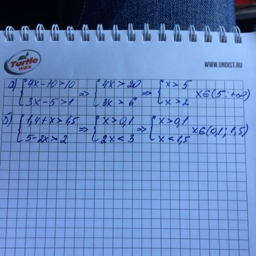 Решить систему неравенств а) 4х-10> 10 3х-5> 1 большая скобка б) 1,4+х> 1,5 5-2х> 2 боль