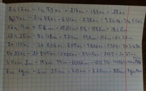 2ц 17 кг -1ц 89 кг 6 ц 34 кг-2ц 78 кг 17 ч 4 мин+ 58 мин 12ч 25 мин- 9ч 48 мин 7 т 115 кг - 3 т 806