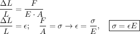 \displaystyle \frac{\Delta L}{L} = \frac{F}{E\cdot A} \\ \frac{\Delta L}{L}=\epsilon; \quad \frac{F}{A}=\sigma \to \epsilon= \frac{\sigma}{E}, \quad \boxed{\sigma=\epsilon E}