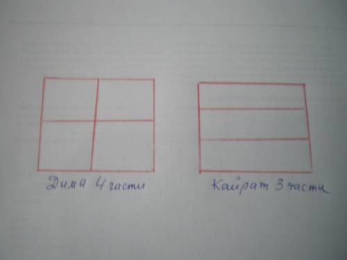 Кайрат и дима сделали по два разреза от края до края своего квадрата. у кайрата получилось 3 части,