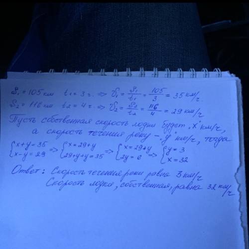 Моторная лодка проплыла по течению 105 км за 3ч, а против течения -116 км за 4 4. найдите скорость т