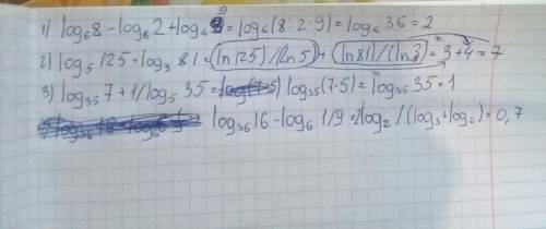 1)log6 8- log6 2+ log6 9 2)log5 125+log3 81 3)log35 7+ 1/log5 35 4)log36 16- log6 1/9