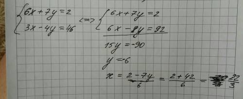 6x+7y=2, 3x-4y=46 решить систему уравнений методом сложения.