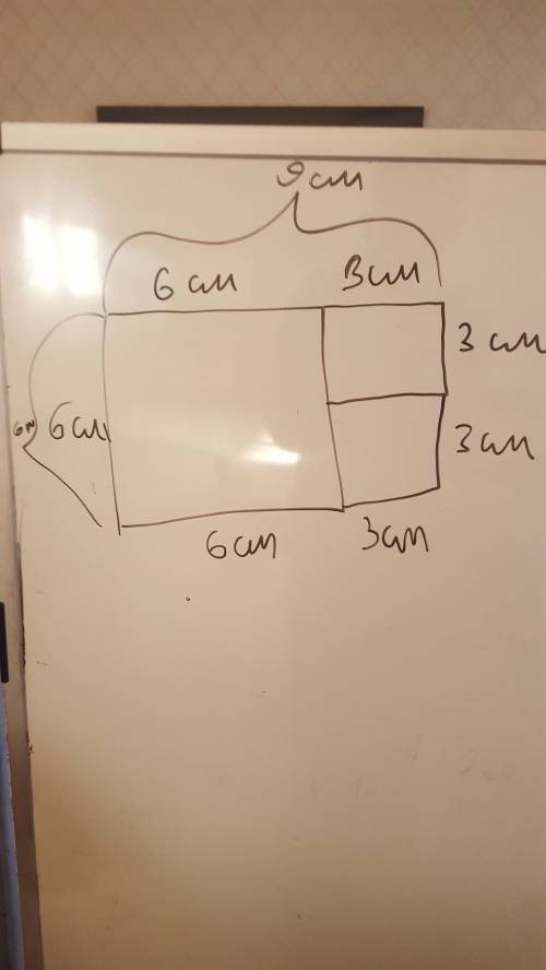Составь прямоугольник из трёх квадратов: длина стороны одного квадрата 6 см, а двух других квадратов