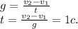 g= \frac{v_{2} -v_{1}}{t} \\ t= \frac{v_{2} -v_{1}}{g}=1c.