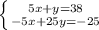 \left \{ {{5x+y=38 }\atop {-5x+25y=-25}} \right. &#10;&#10;