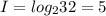 I = log_{2} 32 = 5