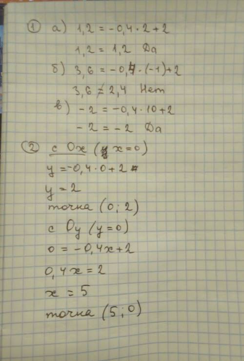 Линейная функция задана формулой y = −0,4x + 2. не выполняя построения, найдите: 1) какие из данных