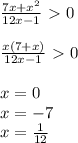 \frac{7x+x^2}{12x-1}\ \textgreater \ 0 \\ \\ \frac{x(7+x)}{12x-1}\ \textgreater \ 0 \\ \\ x=0 \\ x=-7 \\ x= \frac{1}{12}