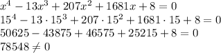 x^4-13x^3+207x^2+1681x+8=0 \\ 15^4-13 \cdot 15^3+207 \cdot 15^2 + 1681 \cdot 15 + 8 =0 \\ 50625 - 43875 + 46575 + 25215 + 8 = 0 \\ 78548 \neq 0