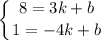 \displaystyle \left \{ {{8=3k+b} \atop {1=-4k+b}} \right.