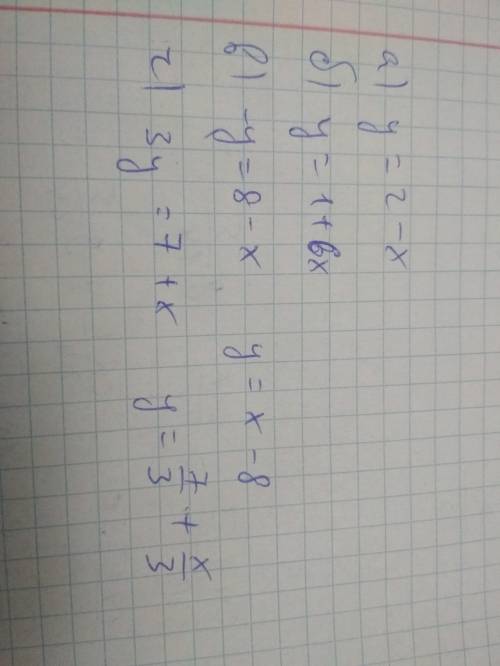 Выразите y через x a) x+y=2 б) у-6х=1 в) х-у=8 г) 3у-х=7 )