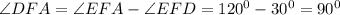 \angle DFA=\angle EFA-\angle EFD=120^0-30^0=90^0