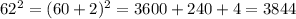 62^2=(60+2)^2=3600+240+4=3844