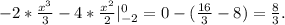 -2* \frac{x^3}{3}-4* \frac{x^2}{2} |_{-2}^0 =0-( \frac{16}{3} -8)= \frac{8}{3} .